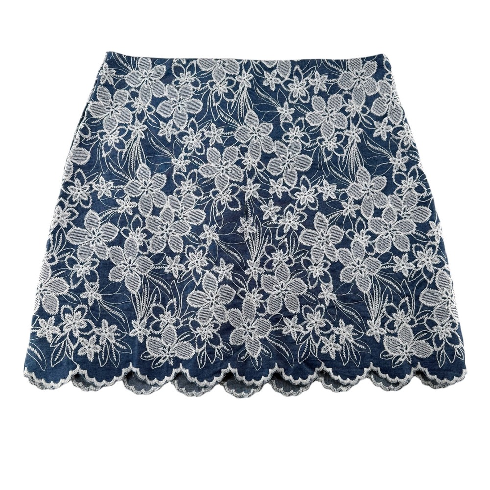 LOFT Maje Embroidered Floral Scalloped Hem Lined Mini Skirt Womens 8 Blue White